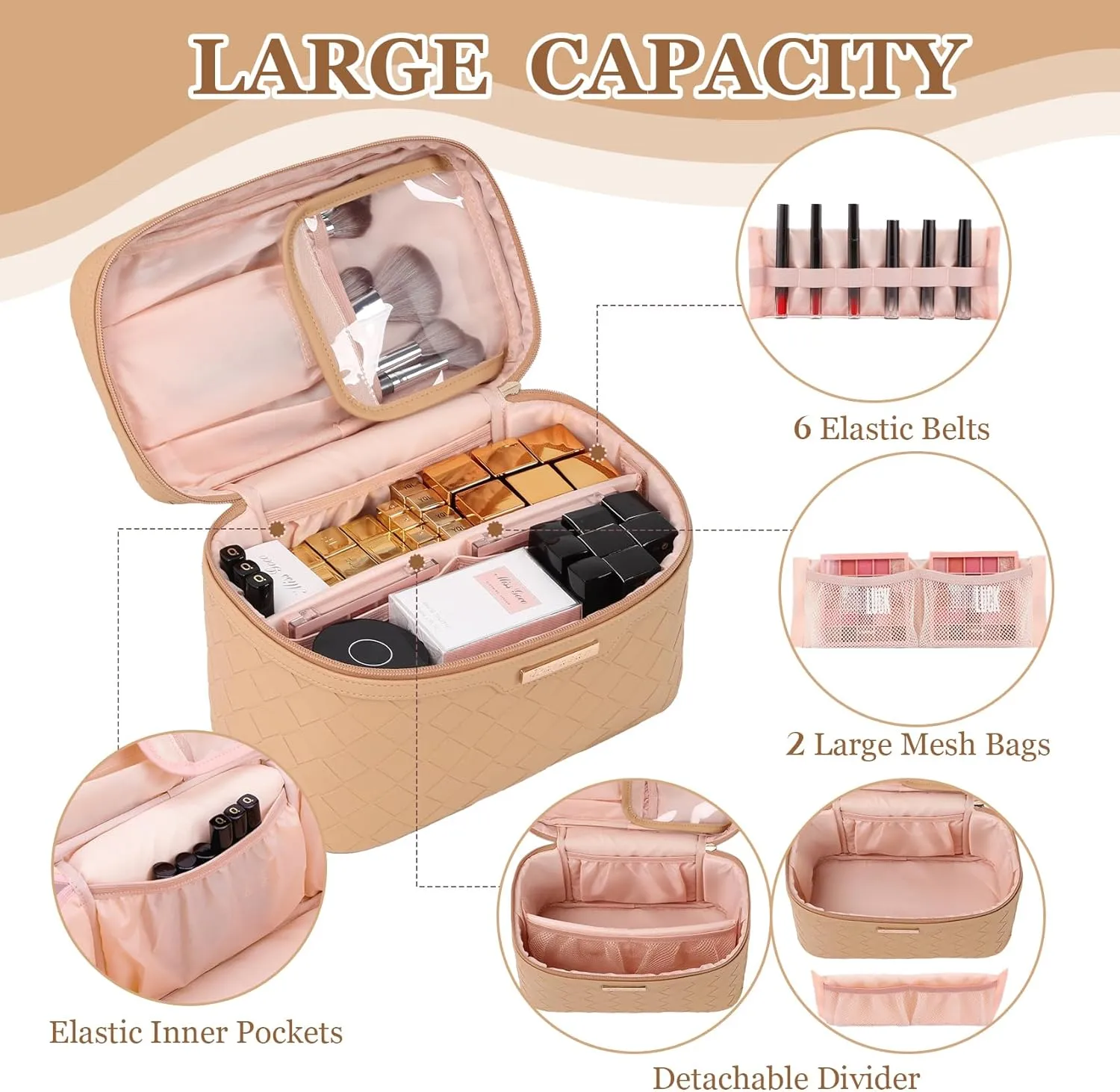 Dajasan Makeup Bag Cosmetic Bag, Travel Makeup Bag, Large Capacity Makeup Organizer Bag, Portable Travel Toiletry Bag for Women Girls, PU Leather Waterproof 11.81 x 6.7 x 7.09 Inch (Khaki)