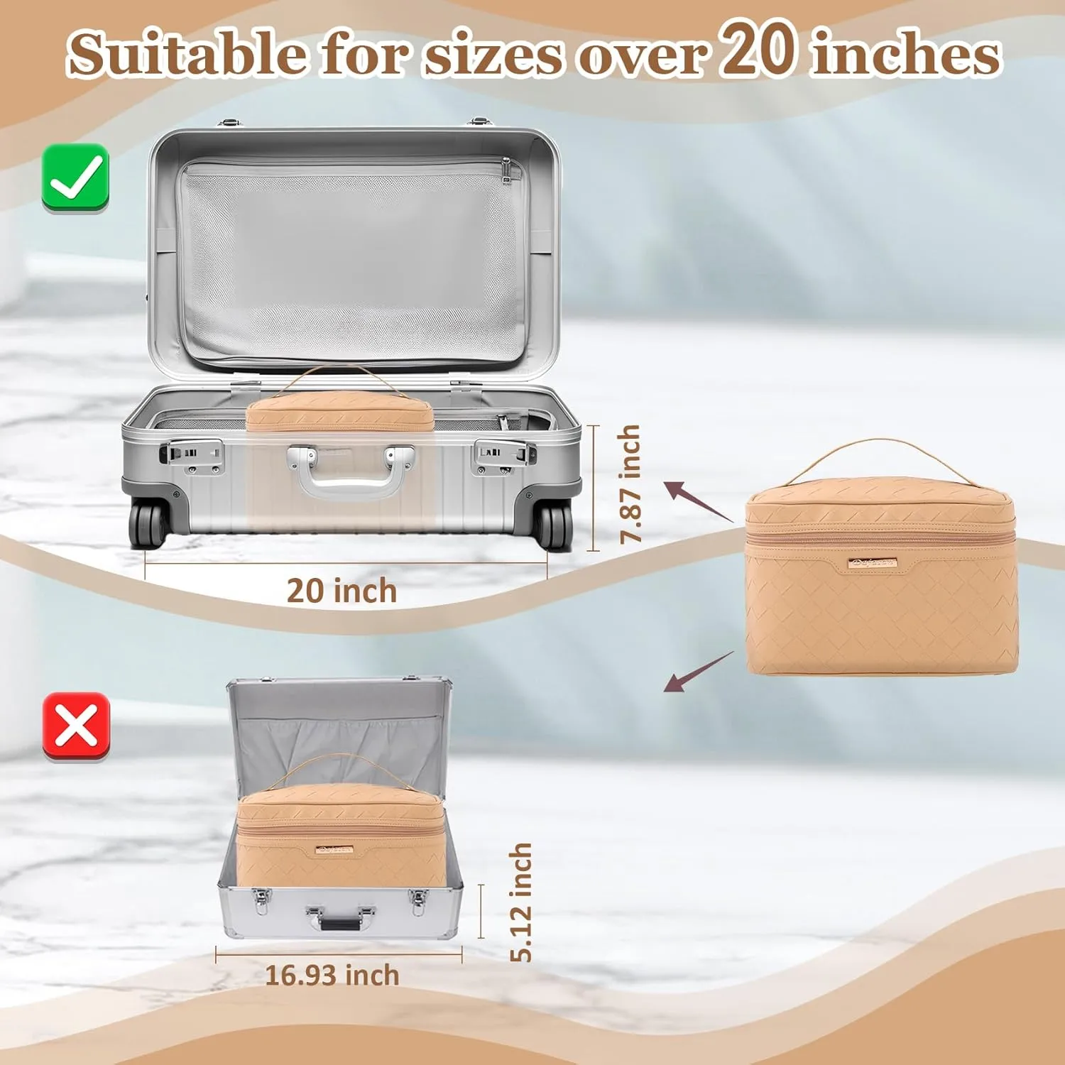 Dajasan Makeup Bag Cosmetic Bag, Travel Makeup Bag, Large Capacity Makeup Organizer Bag, Portable Travel Toiletry Bag for Women Girls, PU Leather Waterproof 11.81 x 6.7 x 7.09 Inch (Khaki)