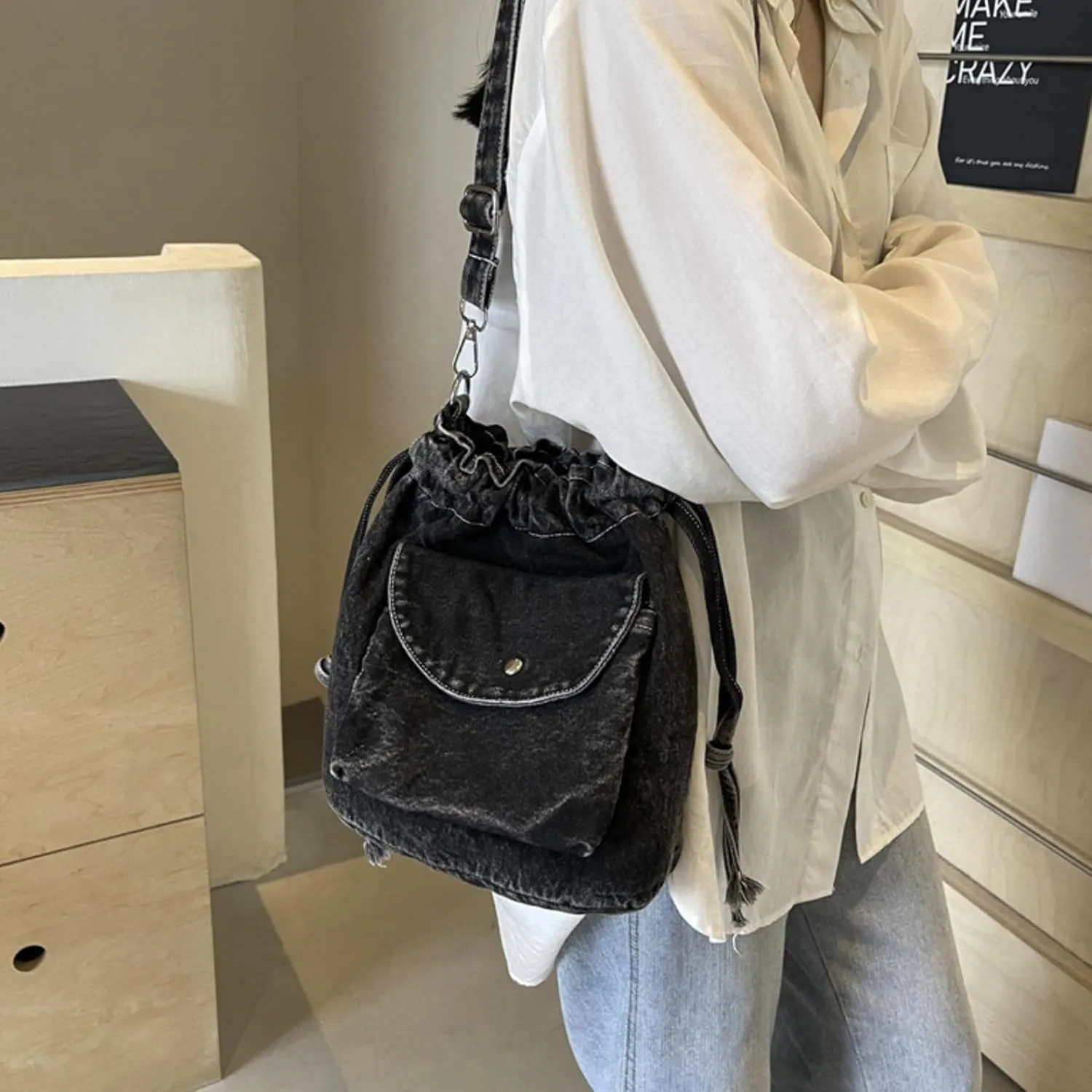 Denim Crossbody Bag Small Drawstring Phone Bag Casual Bucket Purse Shoulder Messenger Bag