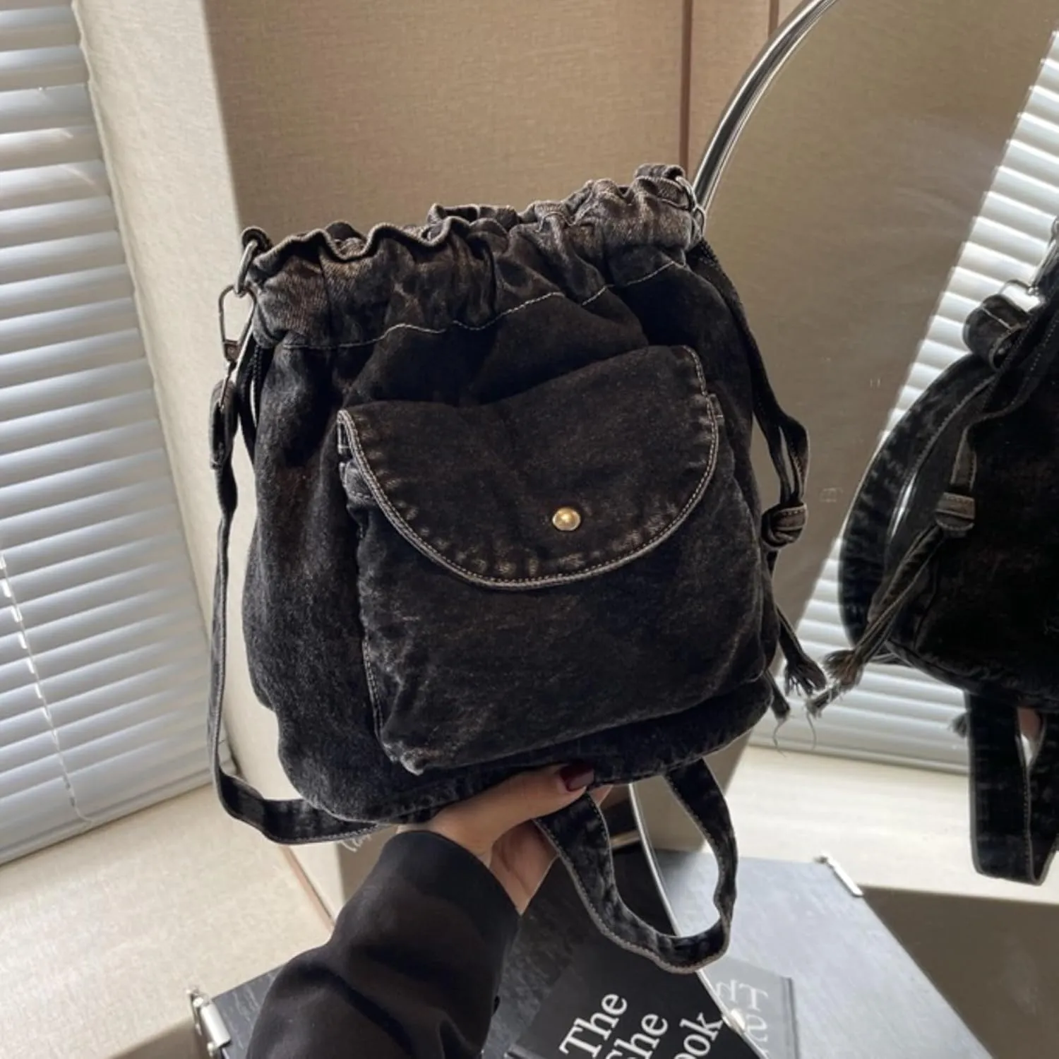 Denim Crossbody Bag Small Drawstring Phone Bag Casual Bucket Purse Shoulder Messenger Bag