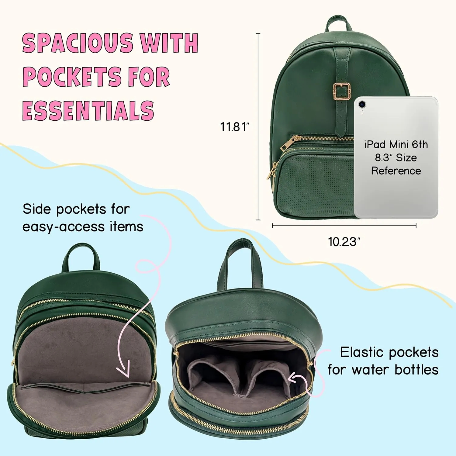 DESIGNER PARK COMPANY - Rope Drop Backpack, Cute, Stylish, Leather Backpack, Theme Park or Travel, Girls Backpack w/Adjustable Strap, Hydration Kit & Locking Pins - Deep Forest