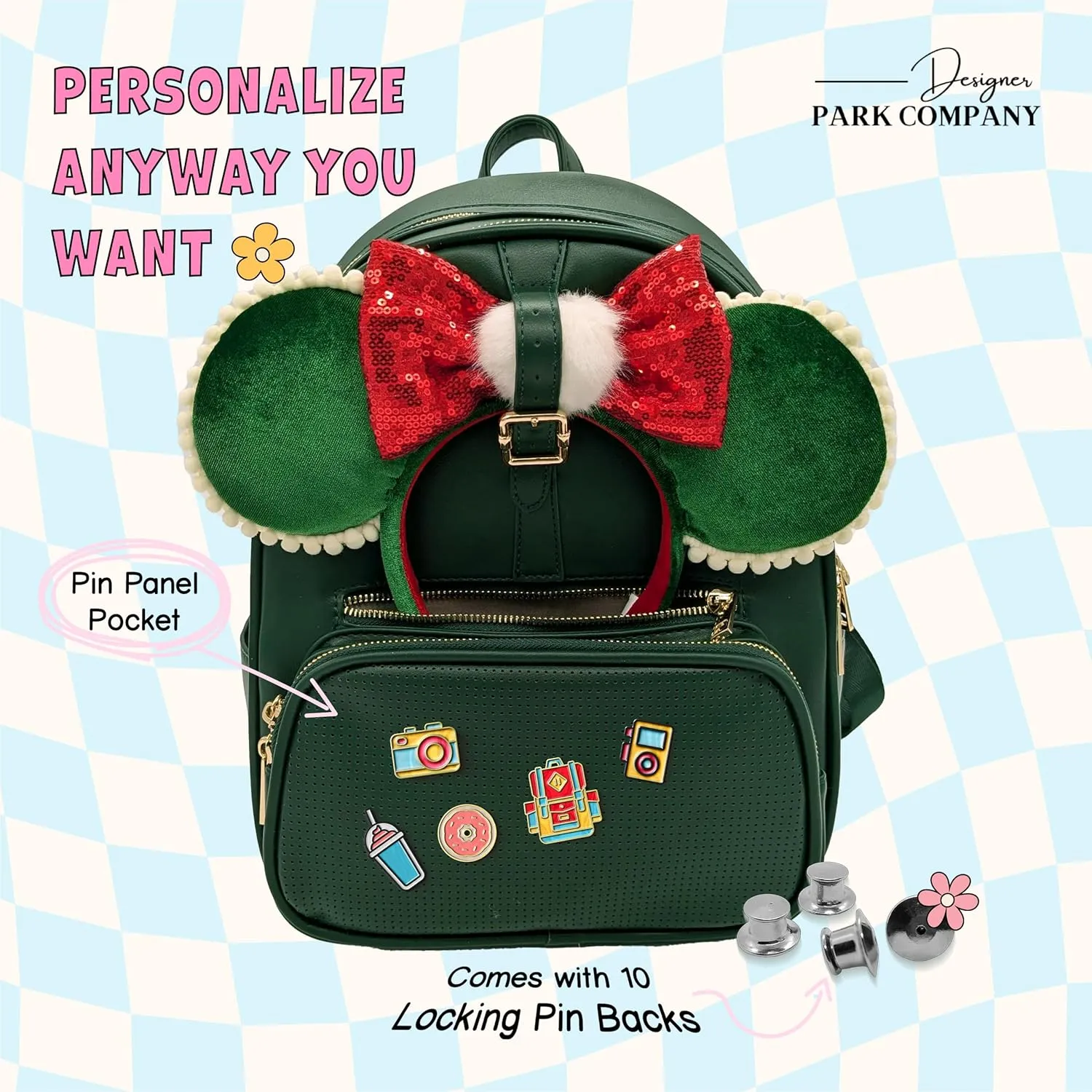 DESIGNER PARK COMPANY - Rope Drop Backpack, Cute, Stylish, Leather Backpack, Theme Park or Travel, Girls Backpack w/Adjustable Strap, Hydration Kit & Locking Pins - Deep Forest