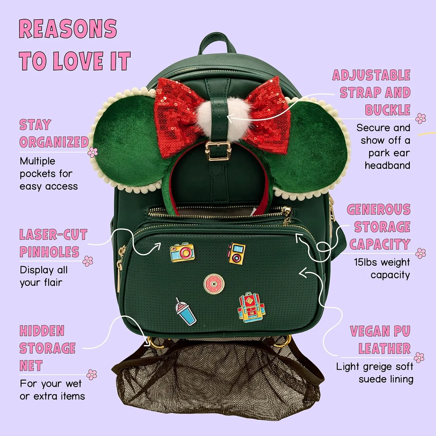 DESIGNER PARK COMPANY - Rope Drop Backpack, Cute, Stylish, Leather Backpack, Theme Park or Travel, Girls Backpack w/Adjustable Strap, Hydration Kit & Locking Pins - Deep Forest