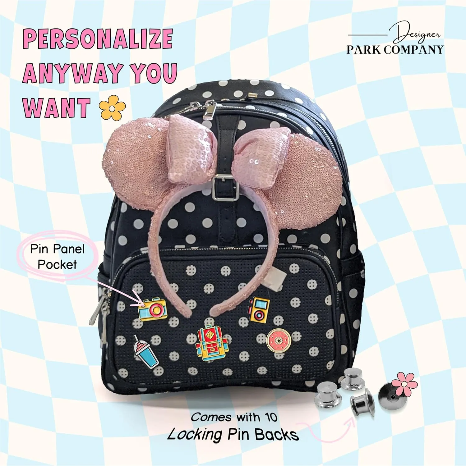 Designer Park Company - Rope Drop Leather Backpack, Stylish, for Theme Park or Travel, Girls' Backpack w/ Adjustable Strap, Hydration Kit, & Locking Pins - Minnie Dot