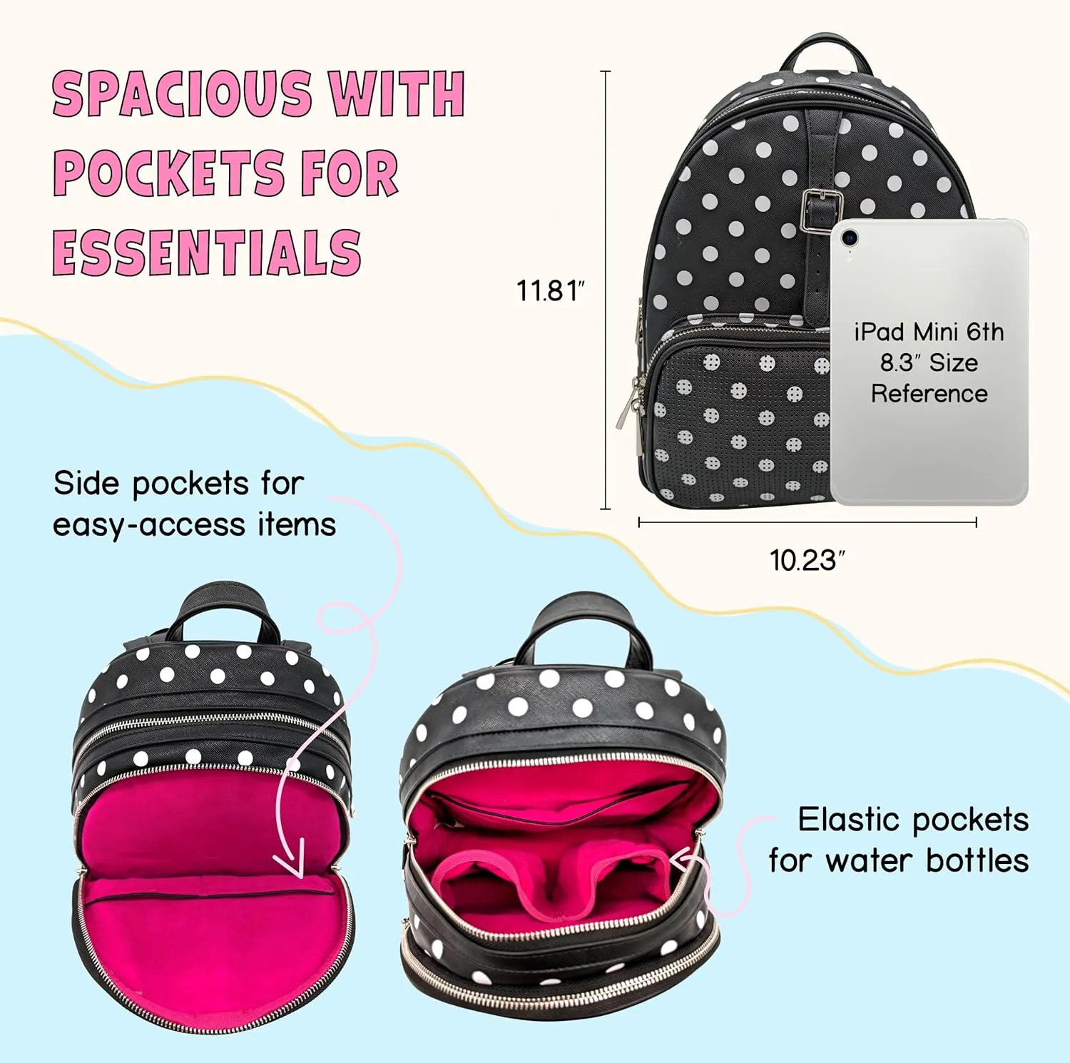 Designer Park Company - Rope Drop Leather Backpack, Stylish, for Theme Park or Travel, Girls' Backpack w/ Adjustable Strap, Hydration Kit, & Locking Pins - Minnie Dot