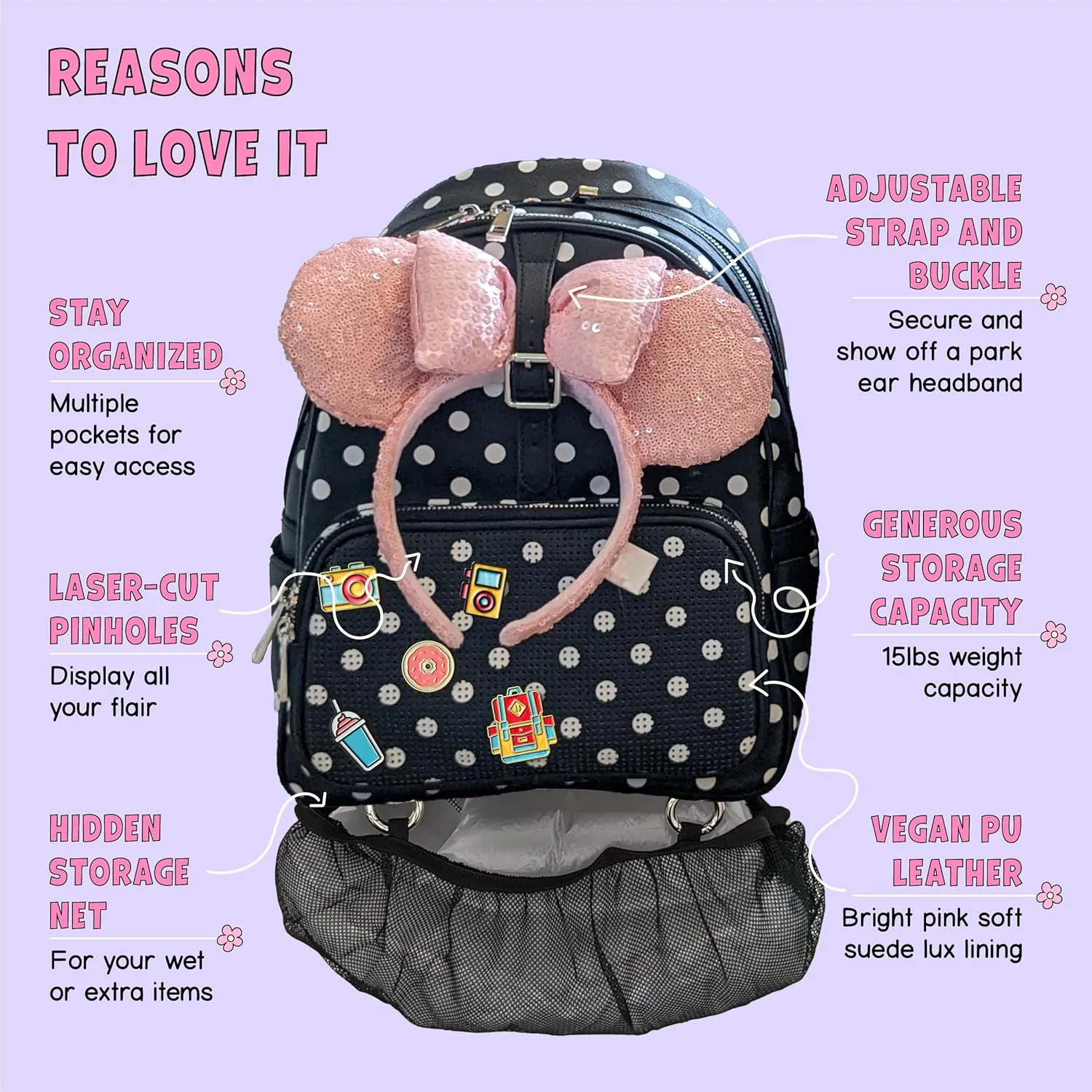 Designer Park Company - Rope Drop Leather Backpack, Stylish, for Theme Park or Travel, Girls' Backpack w/ Adjustable Strap, Hydration Kit, & Locking Pins - Minnie Dot