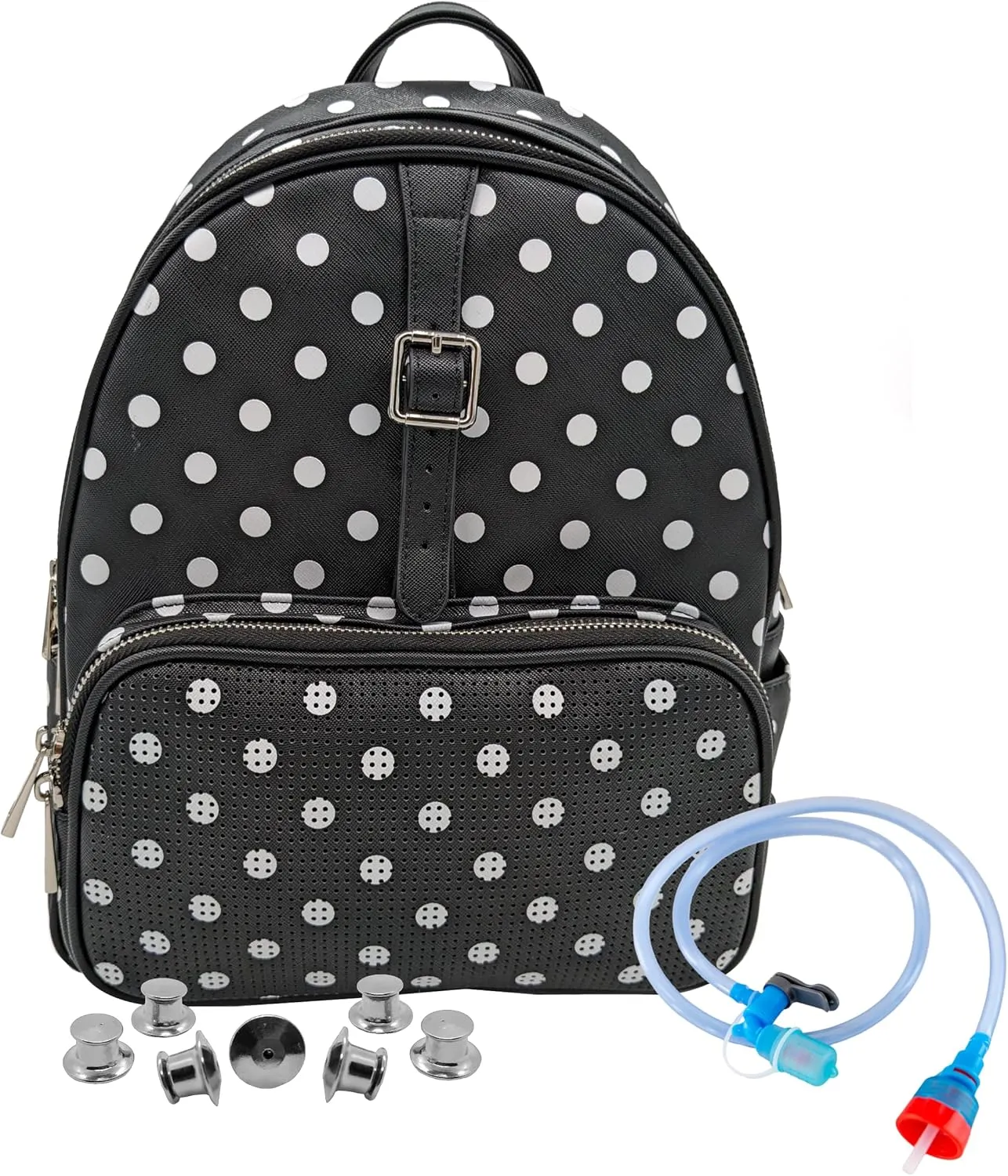 Designer Park Company - Rope Drop Leather Backpack, Stylish, for Theme Park or Travel, Girls' Backpack w/ Adjustable Strap, Hydration Kit, & Locking Pins - Minnie Dot