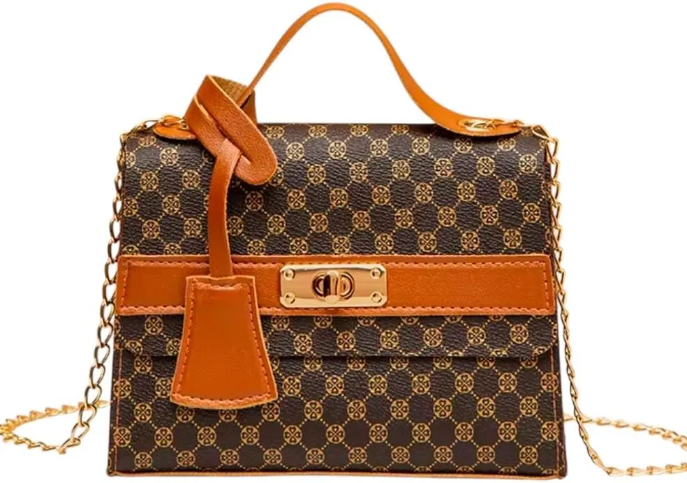 Designer Pattern Handbag, Chain Strap Crossbody Purse, that comes in Brown and Beige, Black and Beige, Khaki and Beige