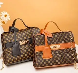 Designer Pattern Handbag, Chain Strap Crossbody Purse, that comes in Brown and Beige, Black and Beige, Khaki and Beige