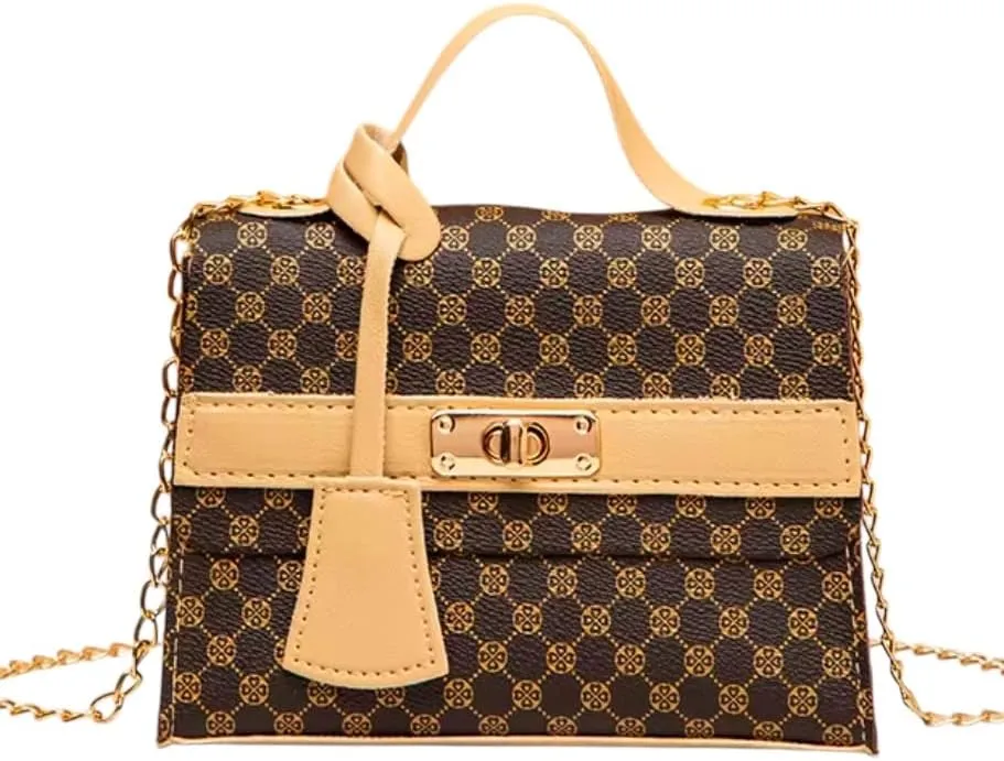 Designer Pattern Handbag, Chain Strap Crossbody Purse, that comes in Brown and Beige, Black and Beige, Khaki and Beige