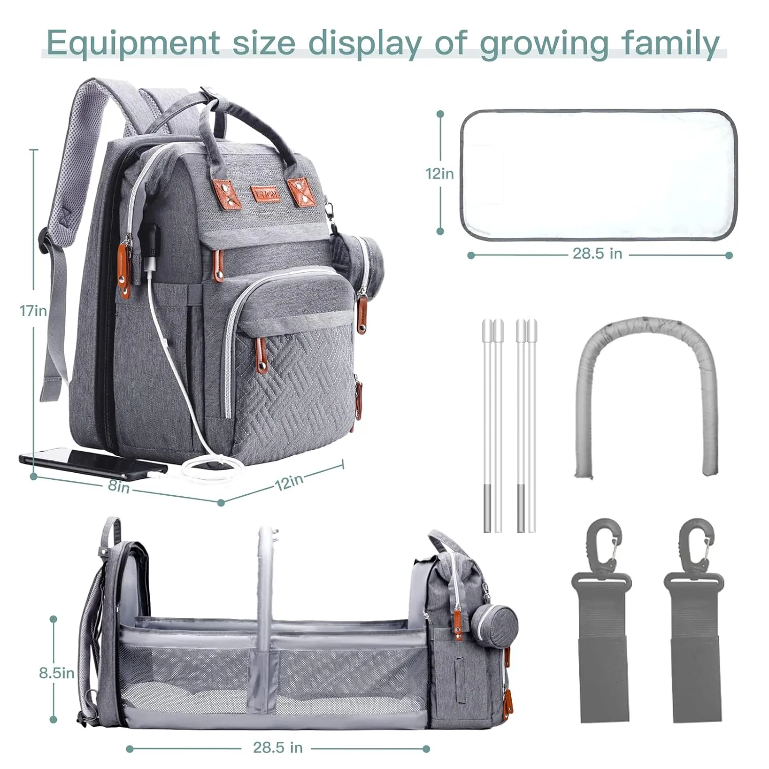 Diaper Bag Backpack with Changing Station, Large Diaper Bag, Baby Bag, Multifunctional Diaper Bag, Gray