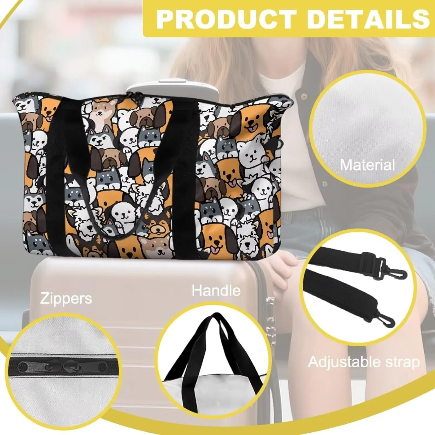 Duffel Bag 22.24 x 6.3 x 13 Inches - Cartoon Cute Puppy Print Large Capacity Carry On Travel Bag with Adjustable Shoulder Strap - Water-Resistant Polyester Weekender & Gym Holdall