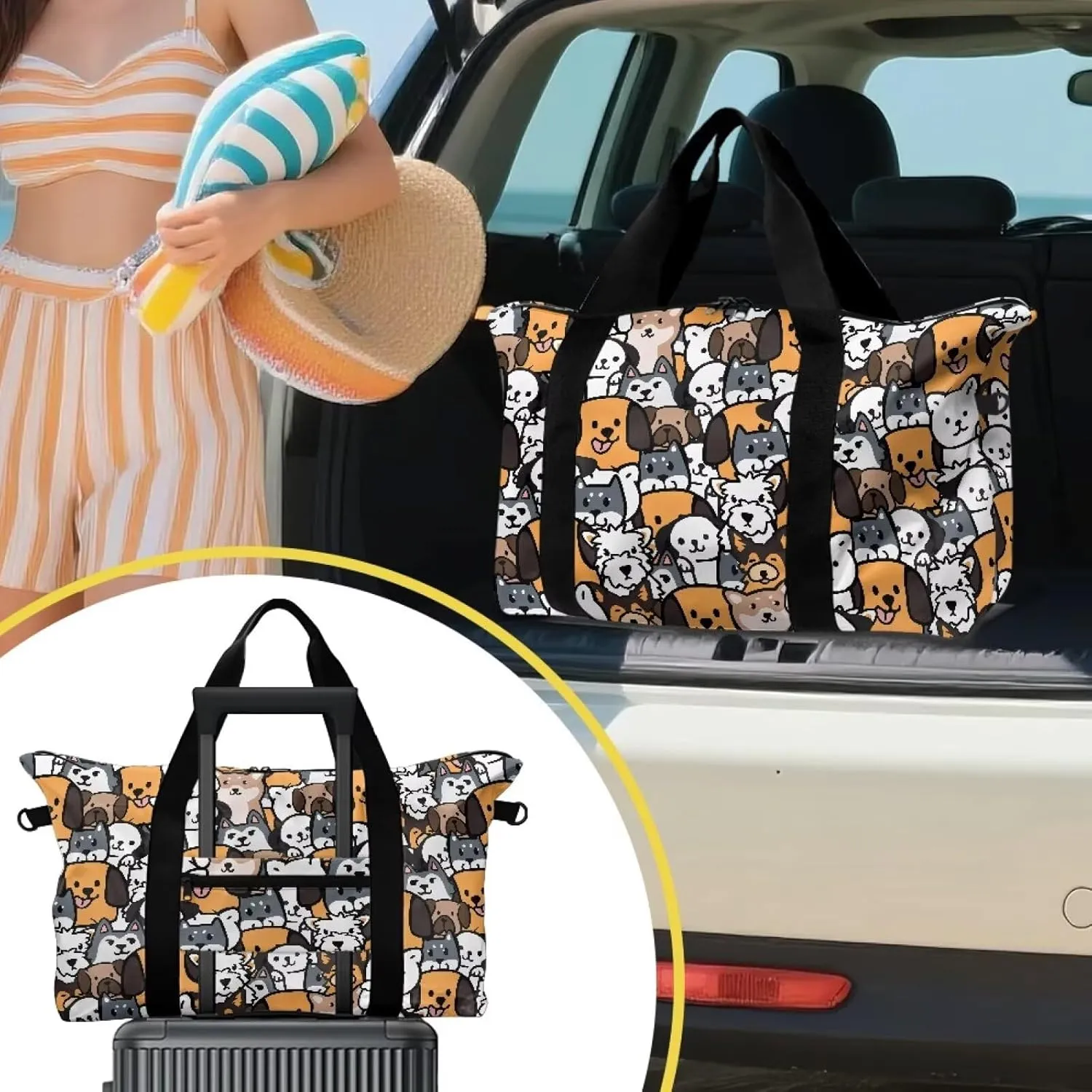 Duffel Bag 22.24 x 6.3 x 13 Inches - Cartoon Cute Puppy Print Large Capacity Carry On Travel Bag with Adjustable Shoulder Strap - Water-Resistant Polyester Weekender & Gym Holdall