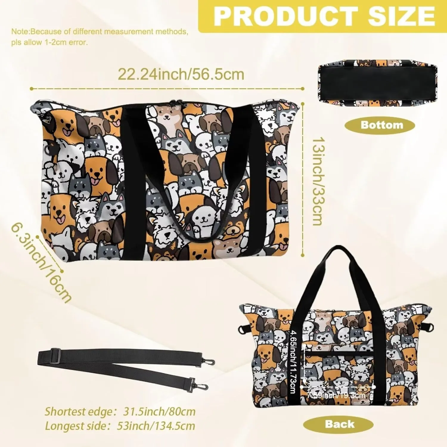 Duffel Bag 22.24 x 6.3 x 13 Inches - Cartoon Cute Puppy Print Large Capacity Carry On Travel Bag with Adjustable Shoulder Strap - Water-Resistant Polyester Weekender & Gym Holdall