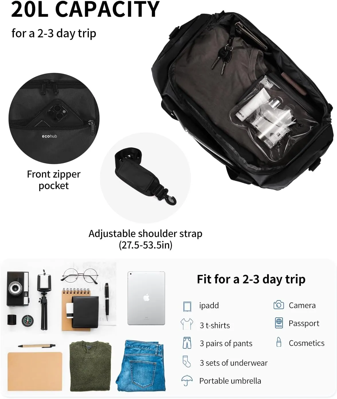 ECOHUB 16'' Personal Item Bag Mini Duffel Bag Small Travel Bag Underseat Carry on Bag for United Airlines Gym Bag for Women and Men