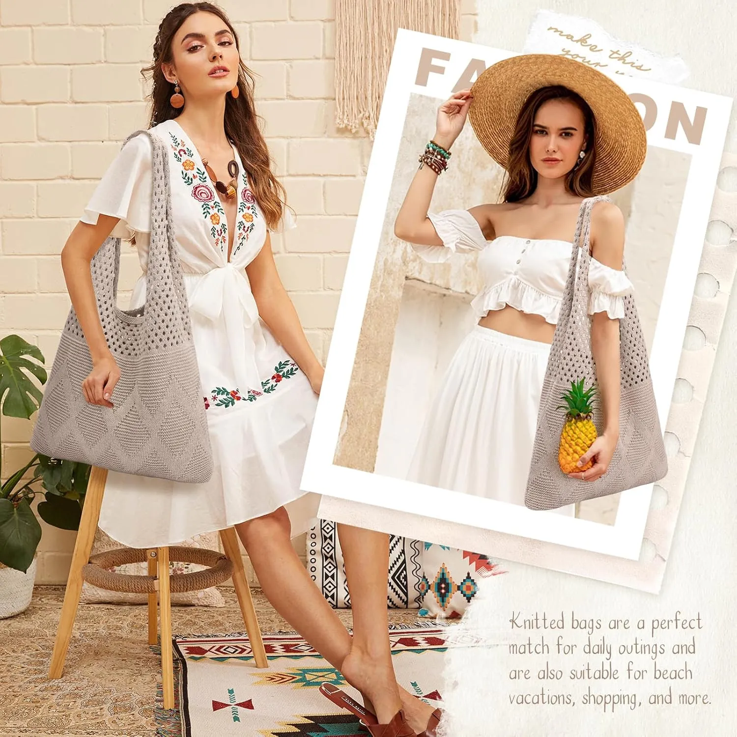EIMMBD Crochet Bags for Women Beach Totes Bags Aesthetic Summer Tote Shoulder Hippie Bag Knit Bag