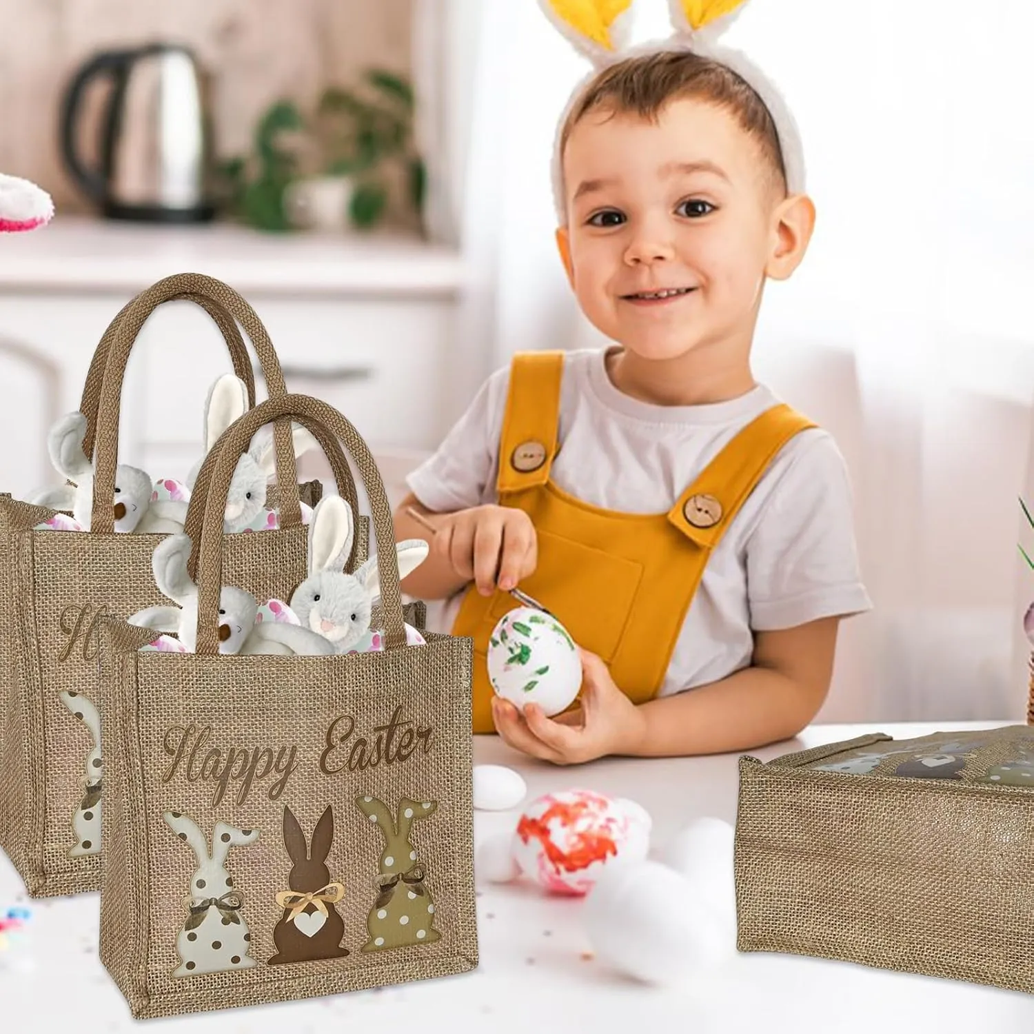ElasignShopo 6 Pcs Easter Burlap Bags with Handles Bunny Linen Jute Easter Baskets Large Egg Hunt Candy Gift Tote Bags Reusable Goodie Treat Bag for Kids Easters Party Favors (Retro Bunny)