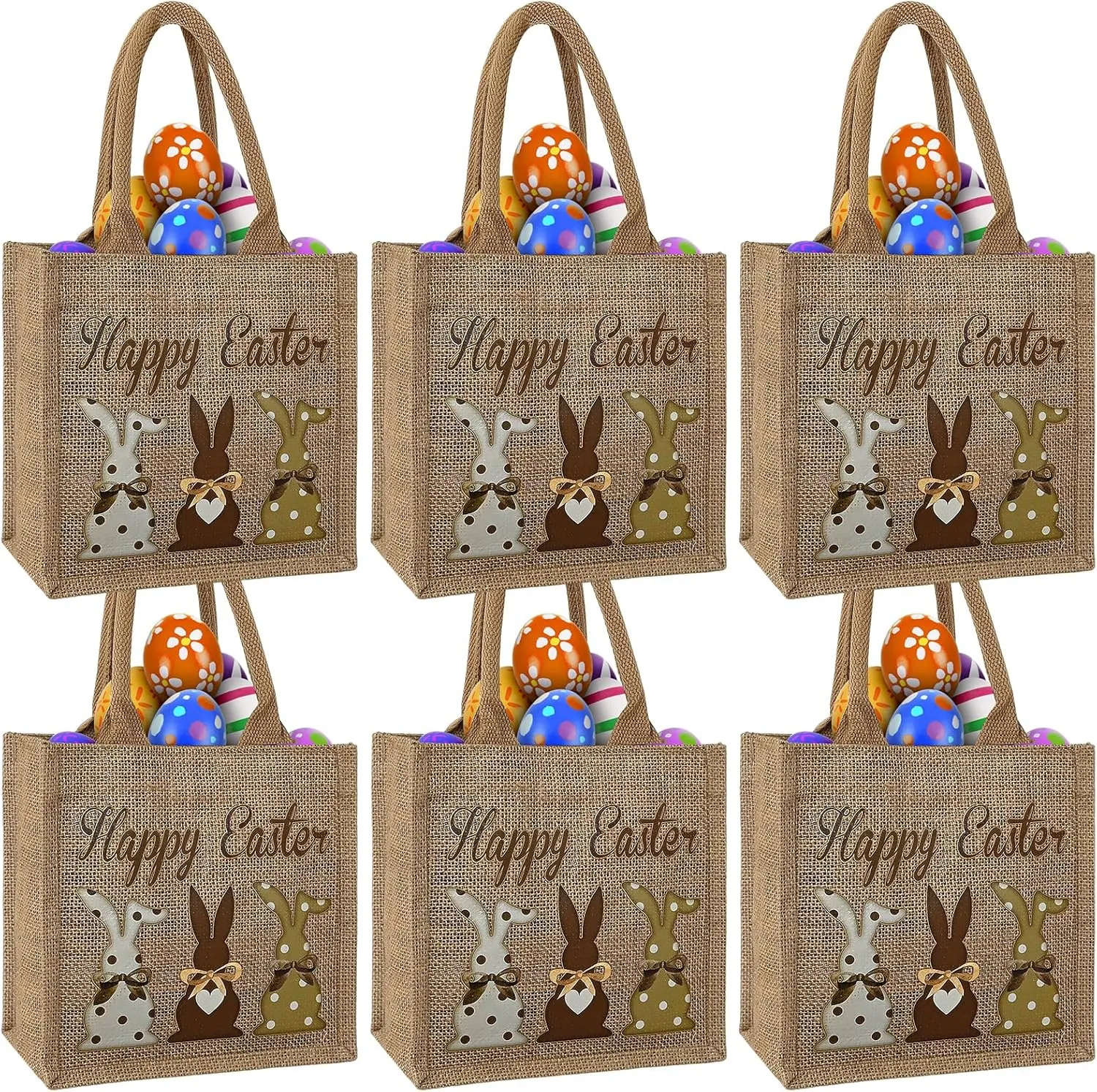 ElasignShopo 6 Pcs Easter Burlap Bags with Handles Bunny Linen Jute Easter Baskets Large Egg Hunt Candy Gift Tote Bags Reusable Goodie Treat Bag for Kids Easters Party Favors (Retro Bunny)
