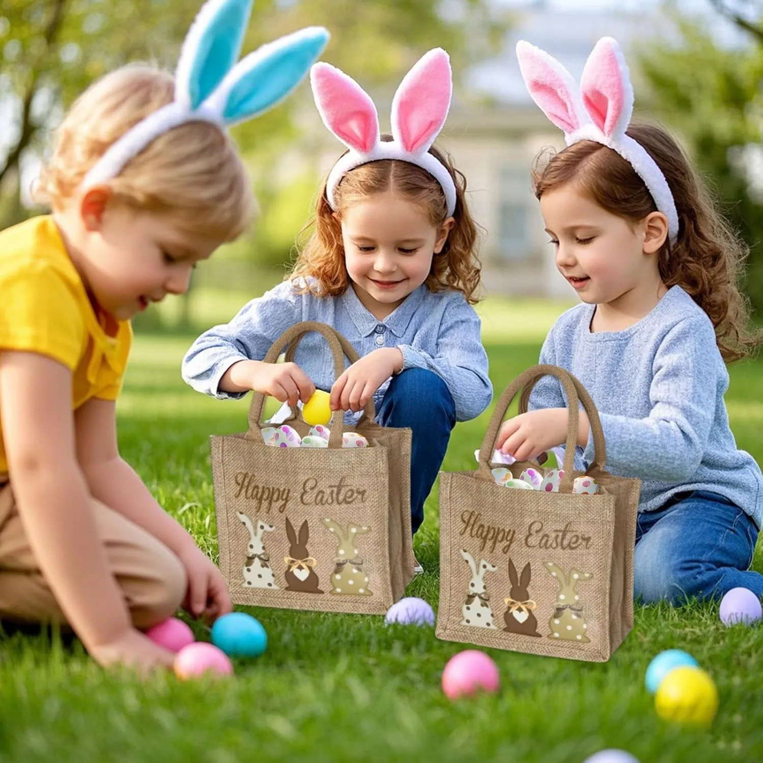 ElasignShopo 6 Pcs Easter Burlap Bags with Handles Bunny Linen Jute Easter Baskets Large Egg Hunt Candy Gift Tote Bags Reusable Goodie Treat Bag for Kids Easters Party Favors (Retro Bunny)
