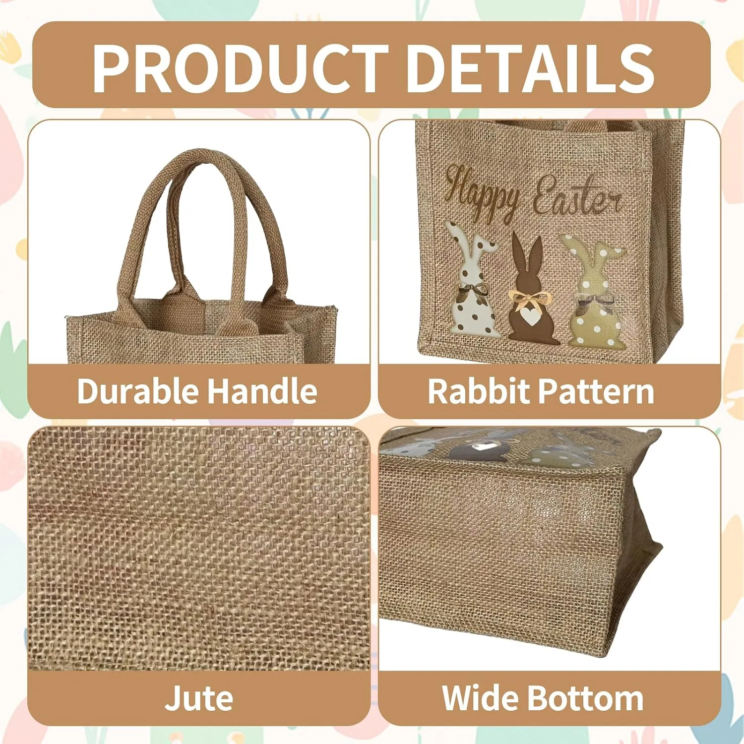 ElasignShopo 6 Pcs Easter Burlap Bags with Handles Bunny Linen Jute Easter Baskets Large Egg Hunt Candy Gift Tote Bags Reusable Goodie Treat Bag for Kids Easters Party Favors (Retro Bunny)