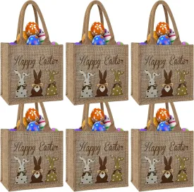 ElasignShopo 6 Pcs Easter Burlap Bags with Handles Bunny Linen Jute Easter Baskets Large Egg Hunt Candy Gift Tote Bags Reusable Goodie Treat Bag for Kids Easters Party Favors (Retro Bunny)