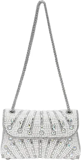 Evening Bags Clutch Purses for Women Formal, Beaded Purses Crystal Rhinestone Crossbody Handbag with Chain Shoulder Bag Sparkly for Wedding Guest Party Silver