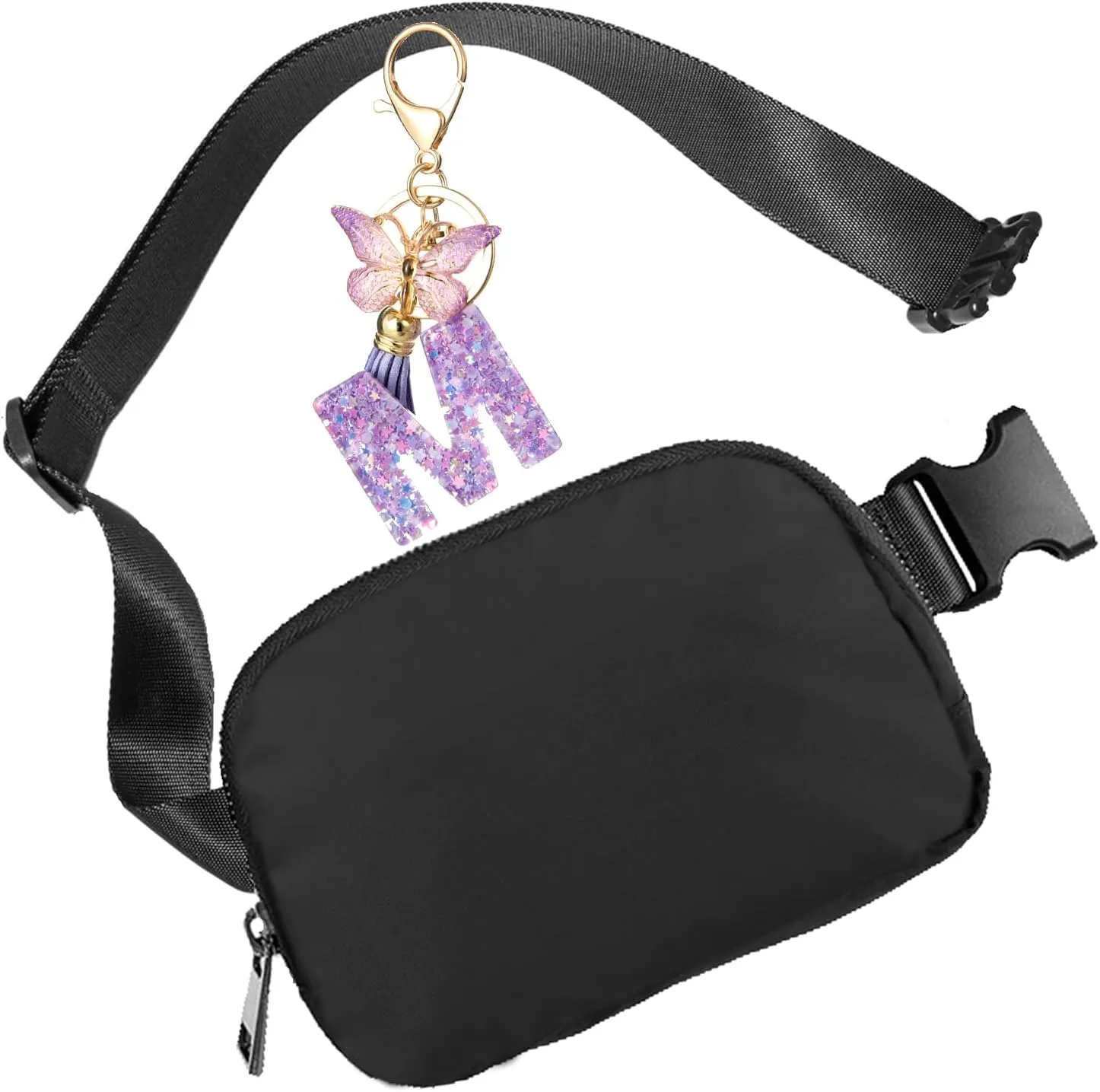 Fanny Pack for Women and Men,Mini Black Belt Bag,Fashionable Small Waist Pack Crossbody Bag and Initial Letter Butterfly Keychains for Traveling,Running,Hiking,Jogging,Cycling (Belt Bag-M)