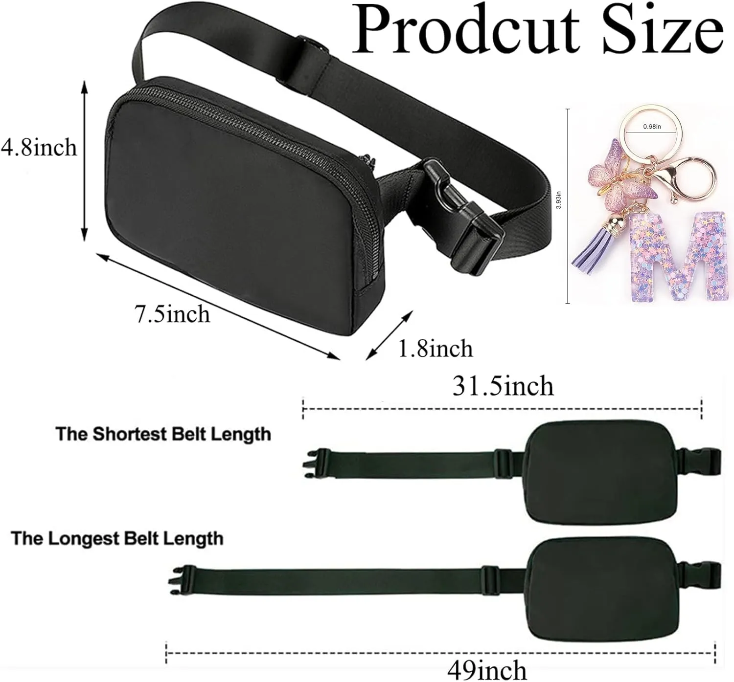 Fanny Pack for Women and Men,Mini Black Belt Bag,Fashionable Small Waist Pack Crossbody Bag and Initial Letter Butterfly Keychains for Traveling,Running,Hiking,Jogging,Cycling (Belt Bag-M)