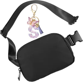Fanny Pack for Women and Men,Mini Black Belt Bag,Fashionable Small Waist Pack Crossbody Bag and Initial Letter Butterfly Keychains for Traveling,Running,Hiking,Jogging,Cycling(Belt Bag-S)