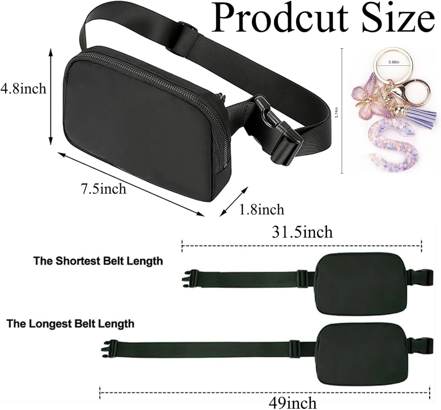 Fanny Pack for Women and Men,Mini Black Belt Bag,Fashionable Small Waist Pack Crossbody Bag and Initial Letter Butterfly Keychains for Traveling,Running,Hiking,Jogging,Cycling(Belt Bag-S)