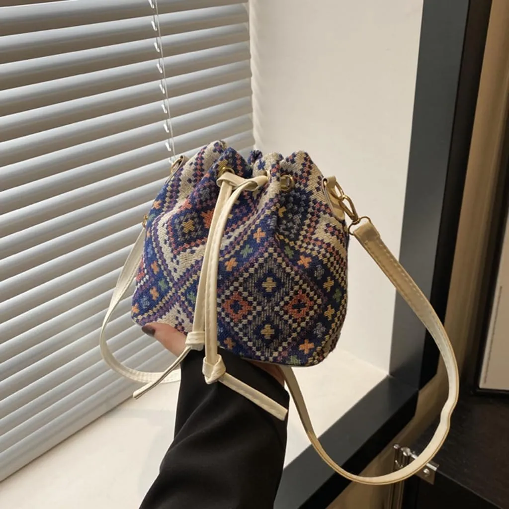 Fashion Drawstring Crossbody Bag for Women Girl Bucket Bag Canvas Shoulder Bag Female Ethnic Styles Messengers Bag