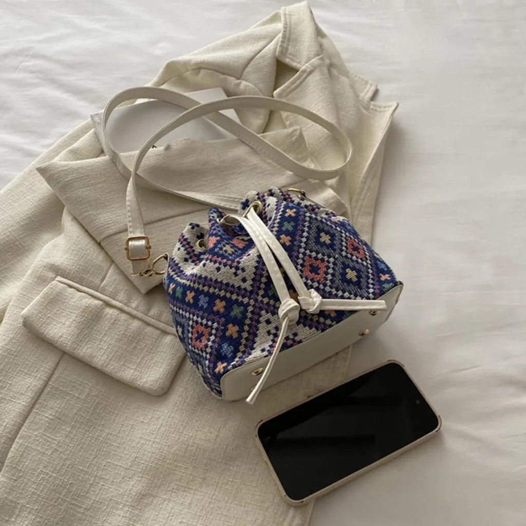Fashion Drawstring Crossbody Bag for Women Girl Bucket Bag Canvas Shoulder Bag Female Ethnic Styles Messengers Bag