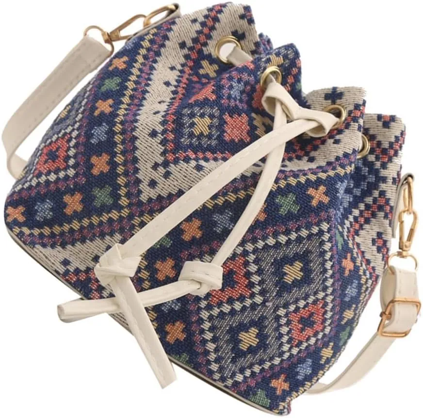 Fashion Drawstring Crossbody Bag for Women Girl Bucket Bag Canvas Shoulder Bag Female Ethnic Styles Messengers Bag