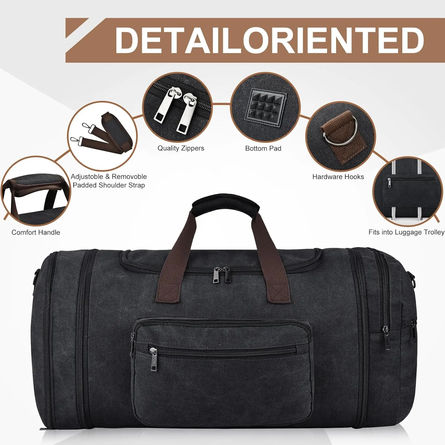 Felipe Varela 60L Duffle Bag for Men, Large Canvas Expandable Duffel Bag for Travel, Mens Carry On Luggage Bag Traveling Weekender Gym Overnight Duffel Bags for Airplanes, Black