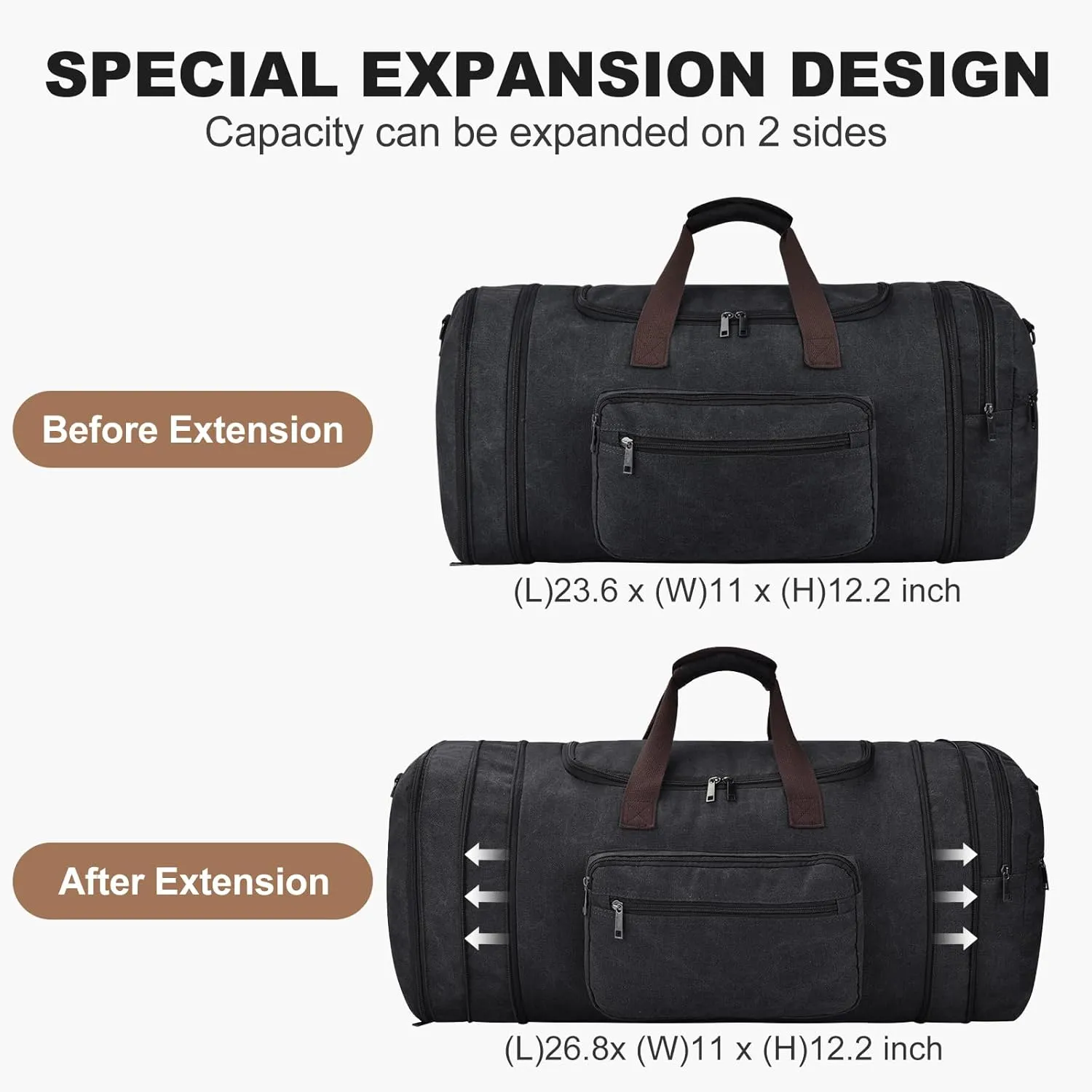 Felipe Varela 60L Duffle Bag for Men, Large Canvas Expandable Duffel Bag for Travel, Mens Carry On Luggage Bag Traveling Weekender Gym Overnight Duffel Bags for Airplanes, Black