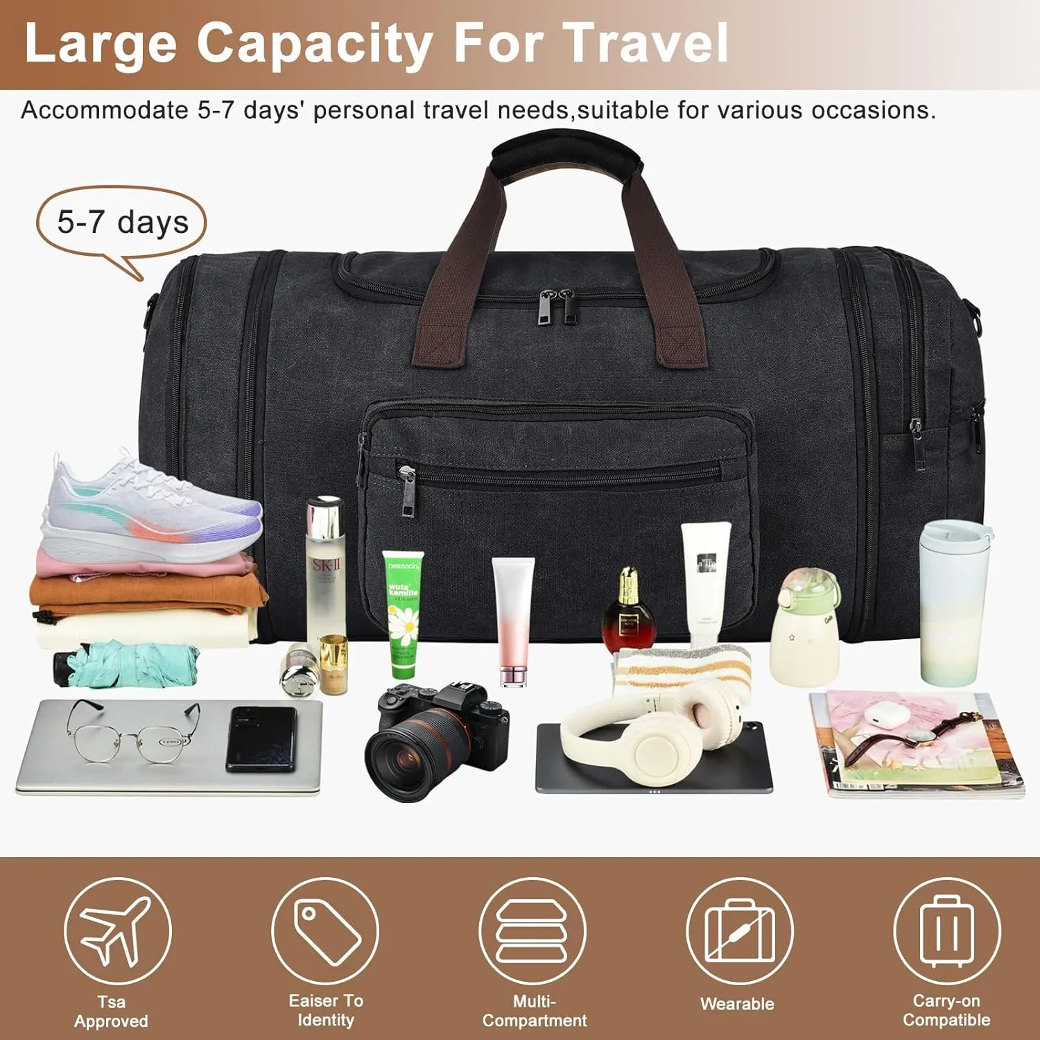 Felipe Varela 60L Duffle Bag for Men, Large Canvas Expandable Duffel Bag for Travel, Mens Carry On Luggage Bag Traveling Weekender Gym Overnight Duffel Bags for Airplanes, Black