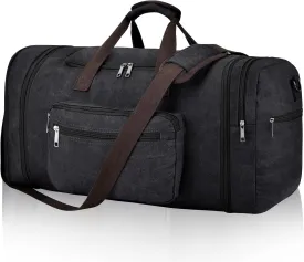 Felipe Varela 60L Duffle Bag for Men, Large Canvas Expandable Duffel Bag for Travel, Mens Carry On Luggage Bag Traveling Weekender Gym Overnight Duffel Bags for Airplanes, Black