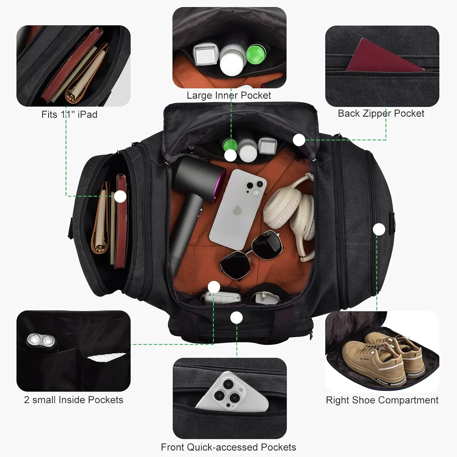 Felipe Varela 60L Duffle Bag for Men, Large Canvas Expandable Duffel Bag for Travel, Mens Carry On Luggage Bag Traveling Weekender Gym Overnight Duffel Bags for Airplanes, Black