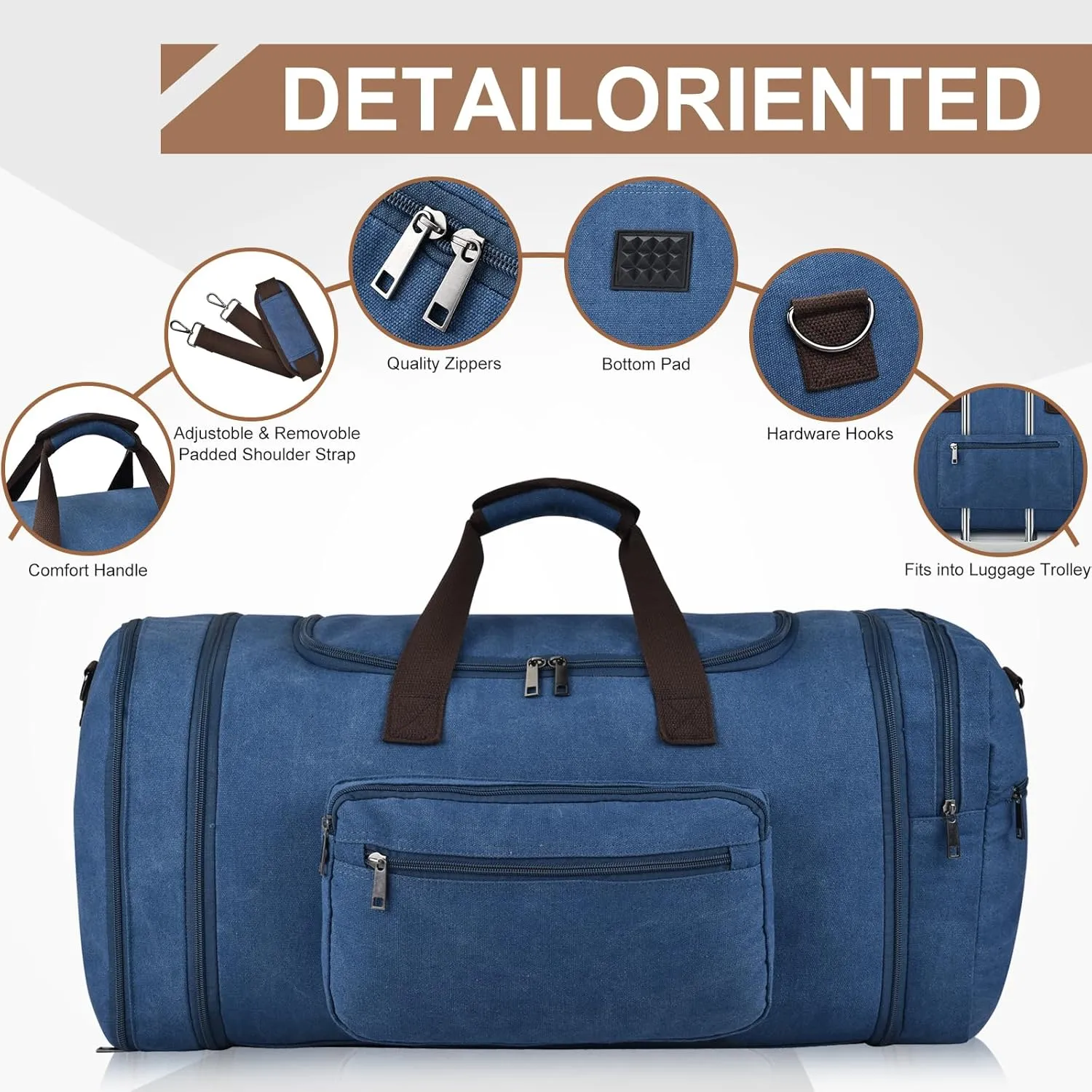 Felipe Varela 60L Duffle Bag for Men, Large Expandable Canvas Duffel Bag for Travel, Mens Carry On Luggage Bag Traveling Weekender Gym Overnight Bags for Airplanes, Blue
