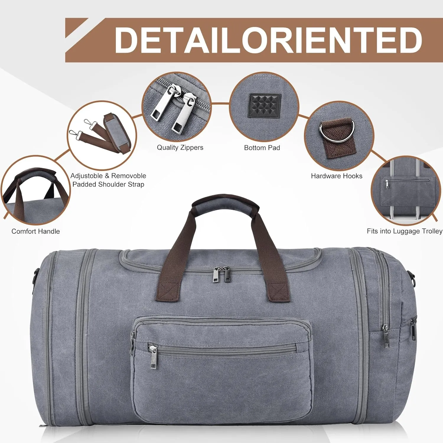 Felipe Varela 60L Duffle Bag for Men, Large Expandable Canvas Duffel Bag for Travel, Mens Carry On Luggage Bag Traveling Weekender Gym Overnight Bags for Airplanes, Grey