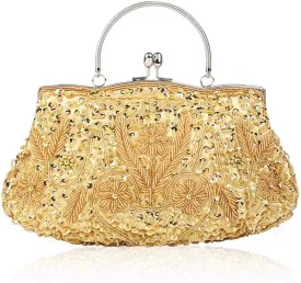 Floral Designer Evening Bag Beaded Sequin Design Vintage Kissing Lock Satin Clutch Purse Bag Wedding Party Clutch