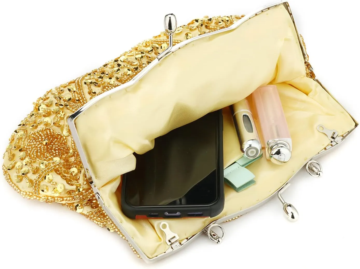 Floral Designer Evening Bag Beaded Sequin Design Vintage Kissing Lock Satin Clutch Purse Bag Wedding Party Clutch