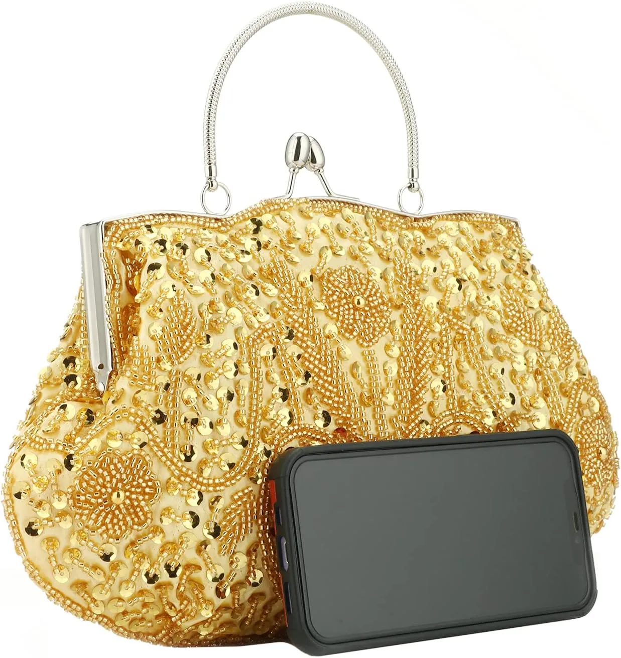 Floral Designer Evening Bag Beaded Sequin Design Vintage Kissing Lock Satin Clutch Purse Bag Wedding Party Clutch