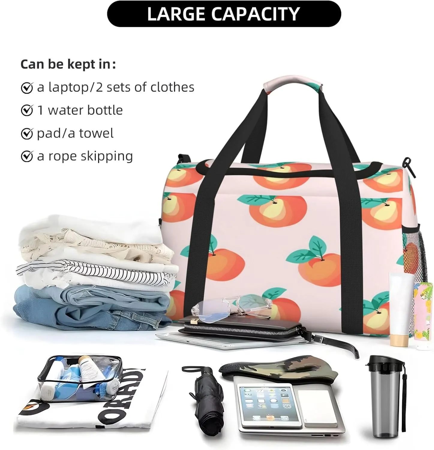 Fruits Peach Pattern Travel Duffel Bag with Strap Multi Pockets Sports Bag Handbag Large Shoulder Bag for Gym Weekend Fitness Camping
