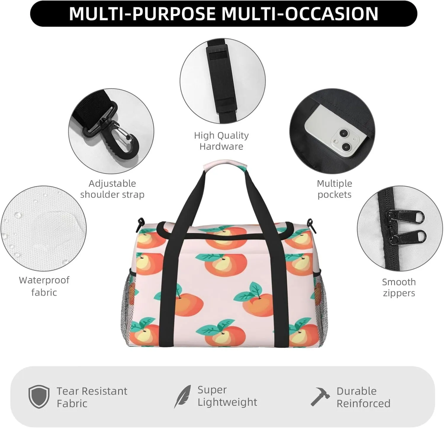 Fruits Peach Pattern Travel Duffel Bag with Strap Multi Pockets Sports Bag Handbag Large Shoulder Bag for Gym Weekend Fitness Camping