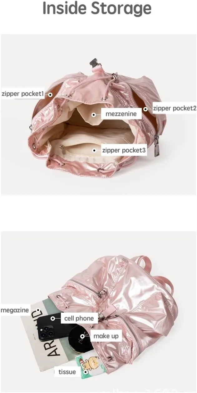 Glossy Leather Coquette Backpack Purse Women Solid Drawstring Bucket Backpack Y2K Stuff Balletcore Casual Daypack (Pink)