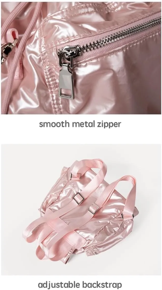Glossy Leather Coquette Backpack Purse Women Solid Drawstring Bucket Backpack Y2K Stuff Balletcore Casual Daypack (Pink)