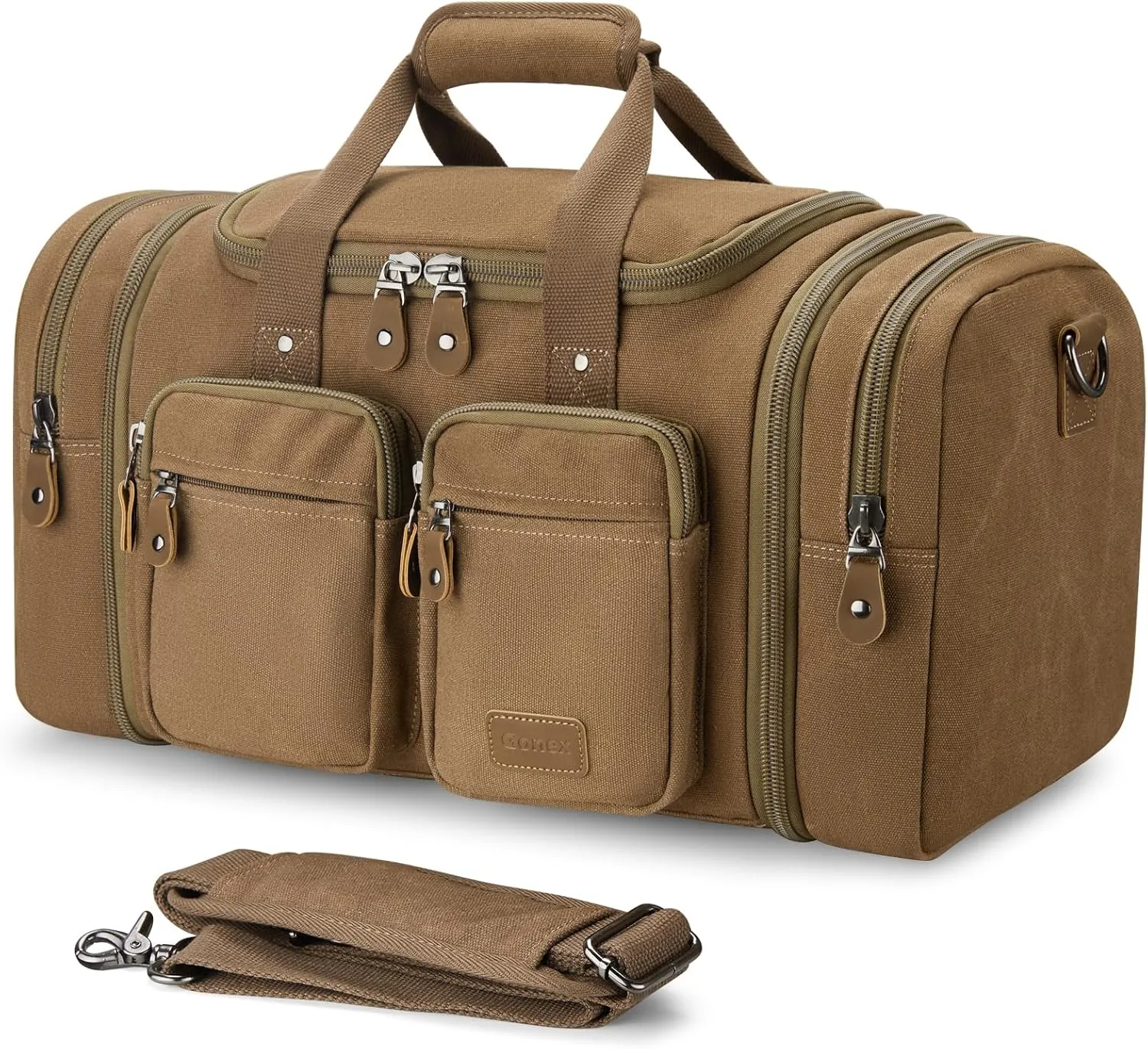 Gonex Canvas Duffle Bag for Travel, Expandable Water Resistant 50L Carry on Duffel Overnight Weekender Gym Bag with Wet Dry Separation Pocket & Suitcase Handle Sleeve,Coffee