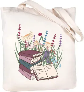 Haukea Book Cute Canvas Tote Bag with Zipper Pockets Aesthetic Flower Tote Bags Graphic Reusable Tote Bag for Women Teacher Book Lovers Readers Gifts Tote