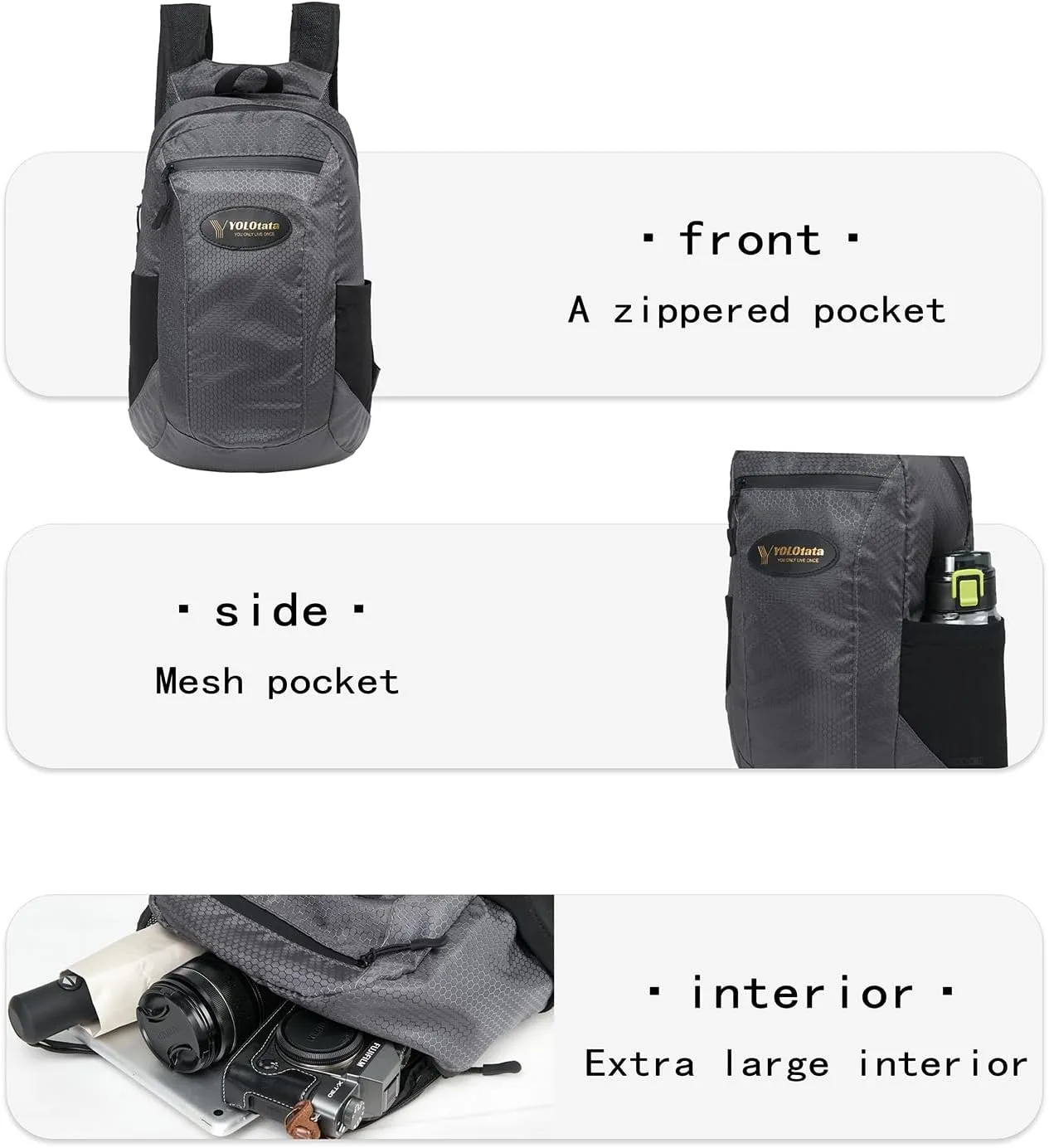 Hiking Daypacks for Women Waterproof Backpacks 15L Lightweight Packable Men Small Outdoor Sports Fan Multipurpose Travel Camping Bags Dark Grey